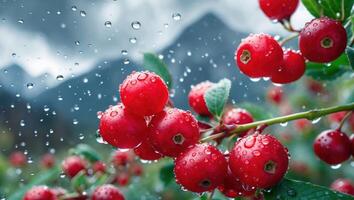Red Berries with Raindrops Close-up on a Branch with Mountains Backdrop photo