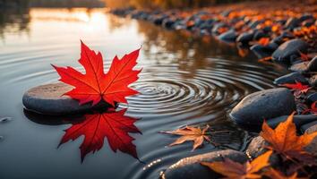 Red Maple Leaf Floating on Water Surface Creating Ripples photo