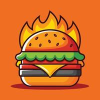 Fiery Cartoon Icon of a Cheeseburger with Flaming Toppings vector