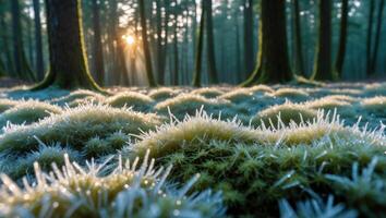 Exploring Frosty Forest Floor Moss with Sunlight Streaming Through the Trees photo