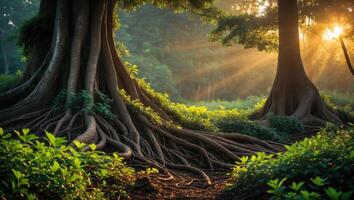 Exploring Mystical Forest Path with Sunlight Streaming Through Ancient Trees photo