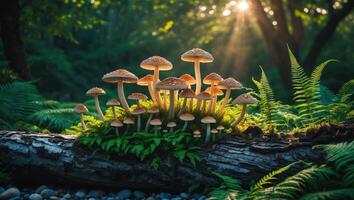 Mushrooms Growing on Log in Forest with Sun Rays Shining Through photo