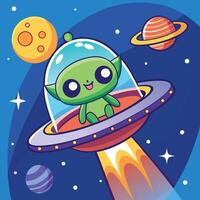 Adorable Extraterrestrial Visitor Riding a Spaceship in the Cosmic Expanse vector