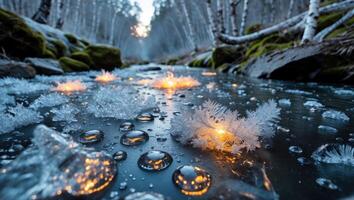Frozen Stream with Ice Crystals and Water Droplets in Winter photo