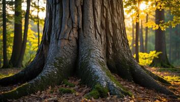 Massive Tree Trunk in Forest with Sunlight Filtering Through Leaves photo