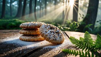 Cookies Stacked on Wooden Table with Ferns and Sunlight in Forest photo