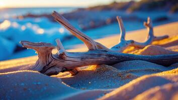 Driftwood on Sandy Beach at Sunset with Soft Waves and Light photo