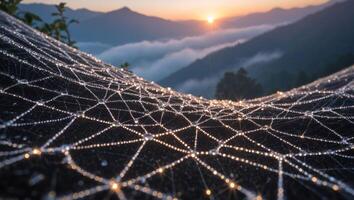 Spiderweb Covered in Dew Drops at Sunrise with Mountain Backdrop photo