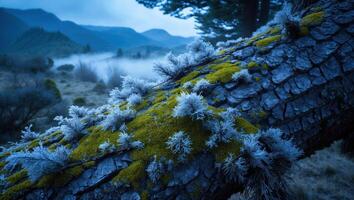 Tree Branch Covered with Moss and Frost Overlooking a Misty Landscape photo