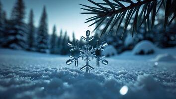 Snowflake on Sparkling Snow with Pine Branch Winter Wonderland Scene photo