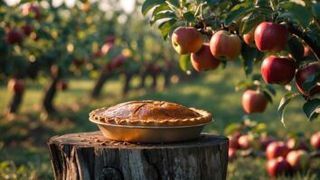 Freshly Baked Apple Pie Displayed in Orchard Setting on Wooden Stump photo
