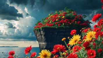 Cliff Top Flowers Overlooking Ocean Dramatic Sky Red Yellow Blossoms photo