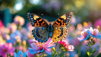 Butterfly Resting on Flower in Sunlit Colorful Garden Setting photo