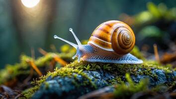 Snail Crawling on Mossy Rock Illuminated by Sunlight in Natural Setting photo