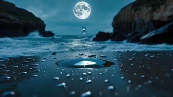 Water Droplets Falling Reflecting Moon and Coastal Landscape Background photo