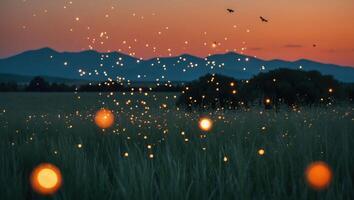 Glow Bugs Over Field at Sunset with Distant Mountain View photo