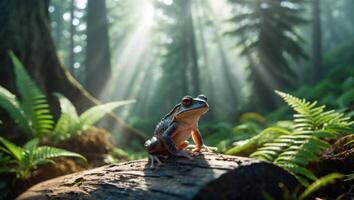 Frog Resting on Log in Forest with Sunlight Streaming Through Trees photo