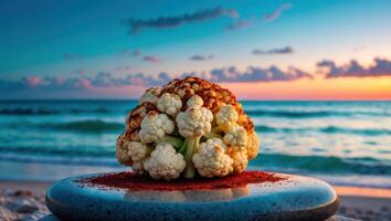 Cauliflower Resting on a Beach Stone with Ocean Sunset Backdrop photo
