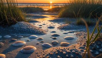 Seashells Scattered on Sandy Beach During Sunset with Water Reflection photo