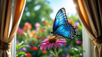 Butterfly Resting on Pink Flower with Colorful Garden View Through Window photo
