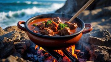 Cooking Rich Stew Outdoors in Clay Pot Over Open Campfire Near Ocean photo