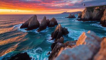 Ocean Waves Crashing on Rocky Coastline Under a Colorful Sunset photo