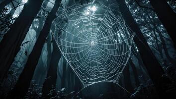 Spiderweb Hanging in Dark Forest with Mystical Light Filtering Through Trees photo