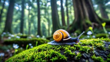 Snail Crawling on Mossy Log in Forest with Soft Light photo