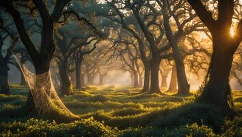 Walking Through Foggy Forest Path at Sunrise with Spider Web photo