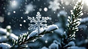 Snowflake on Evergreen Branch During Winter Snowfall Creating Magical Scene photo