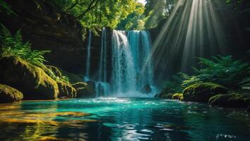 Waterfall Cascading Into Clear Pool with Sunlight Beams in Forest photo