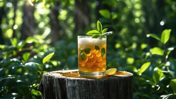 Refreshing Cold Drink with Mint and Lemon on a Tree Stump photo