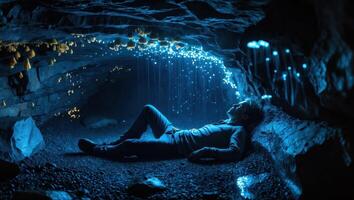 Person Relaxing in Cave with Bioluminescent Glowworms for Peaceful Moment photo