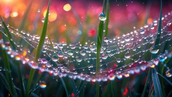 Delicate Spiderweb Covered in Dew Drops Sparkling in the Sunlight photo