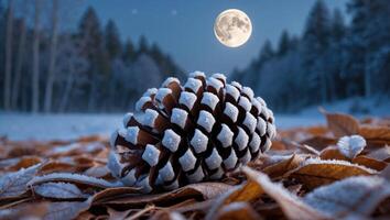 Snowy Pine Cone Resting on Leaves with a Full Moon Backdrop photo