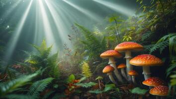 Mushrooms in Forest with Ferns and Sun Rays Creating a Magical Ambiance photo