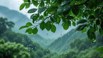 Rain Falling Through Green Leaves in a Lush Mountain Forest photo