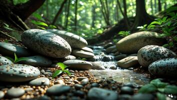 Stream Flowing Through Forest Rocks and Greenery Creates Peaceful Scene photo