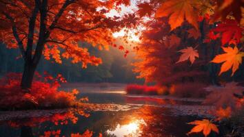 Autumn Leaves Reflected in Lake at Sunrise with Colorful Foliage photo