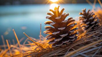 Pine Cones in Golden Light with Lake Background Autumn Nature photo