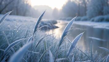 Frozen River Grass with Frosty Morning Light and Snowy Landscape photo