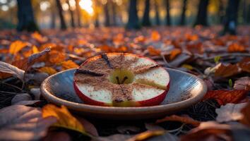 Apple Slice with Cinnamon on Plate Amidst Autumn Leaves photo