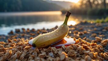 Banana with Honey Resting on Granola Near Lake at Sunrise photo