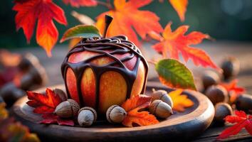 Caramel Apple with Chocolate Drizzle Surrounded by Colorful Autumn Leaves photo