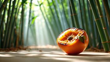 Half Persimmon in Bamboo Forest with Sunlight Streaming Through Trees photo