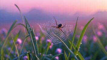 Spider on Dew Covered Web in Grassy Field at Sunrise photo