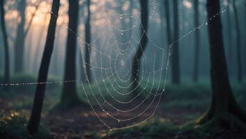 Spiderweb with Dew Drops in a Forest at Dawn Light photo