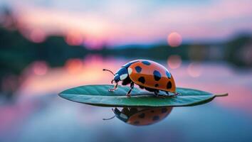 Ladybug Resting on Leaf Reflecting on Water Surface at Sunset photo