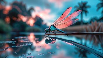 Dragonfly Resting on Reed Reflecting in Water at Colorful Sunset photo