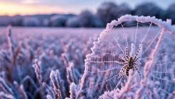 Spider Resting on Frozen Web in Frosted Field at Sunrise photo